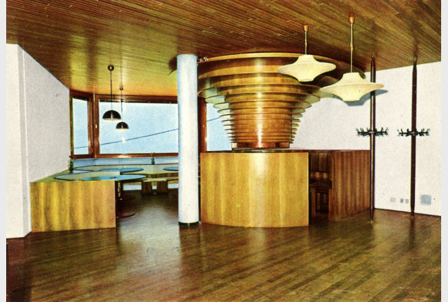 Alpine Building with restaurant and garage, Nevegal (Belluno), common room by the restaurant, 1966.
